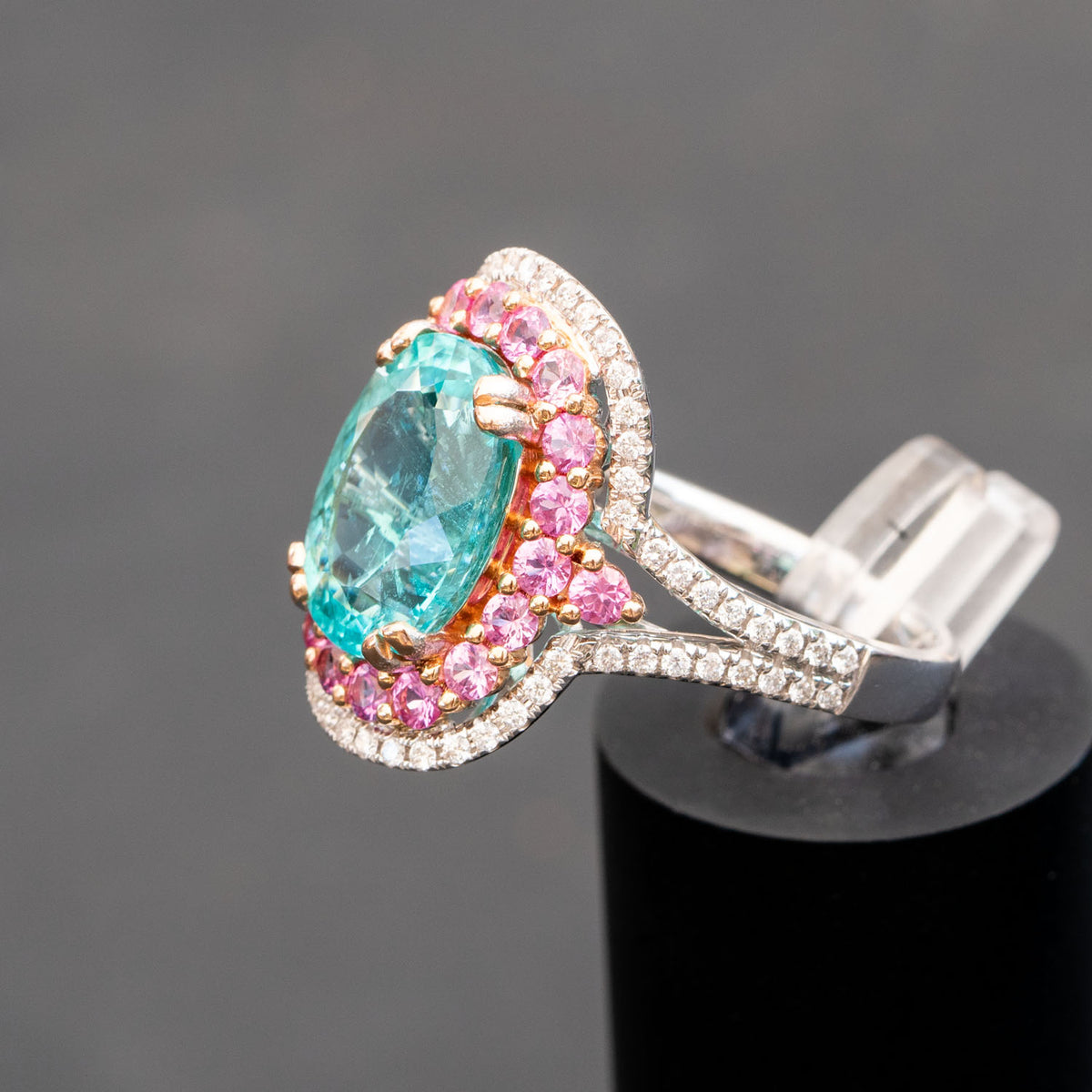 5.27 Natural Paraiba Tourmaline Diamond Ring, 18K white gold