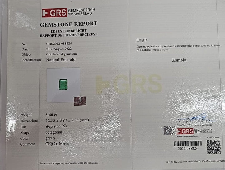 5.40 carat green emerald GRS certificate