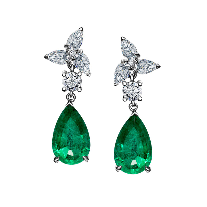 2.16 Carat Pear Shaped Emerald Drop Earrings with 0.53 Carat Natural Diamonds