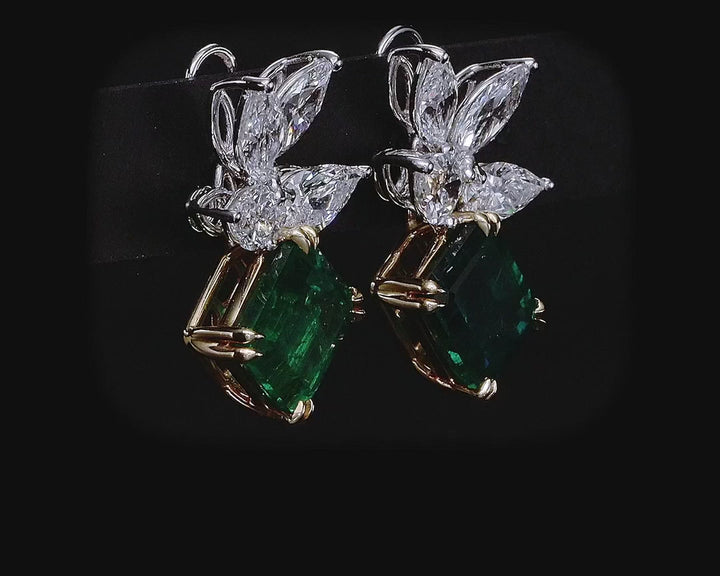 6.03 Carat Emerald Cut Emerald Earrings with 2.95 Carat Natural Pear and Marquise Shaped Diamonds