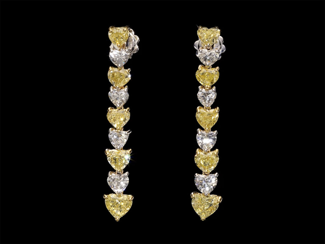 Francine - 7.94 carat natural heart diamond earrings, Top white and fancy yellow diamonds