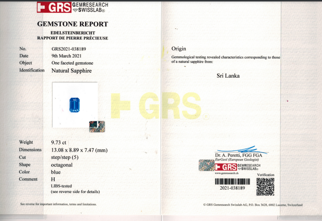 9.73 Carat Natural Blue Sapphire Sri Lanka- GRS Certificate