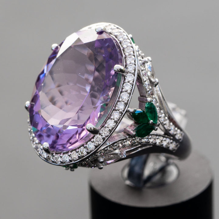 Emani - 20.00 carat natural violet amethyst ring with 1.55 carat natural diamonds and 0.75 carat natural green emerald