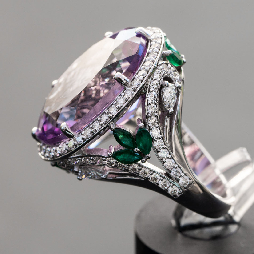 Emani - 20.00 carat natural violet amethyst ring with 1.55 carat natural diamonds and 0.75 carat natural green emerald