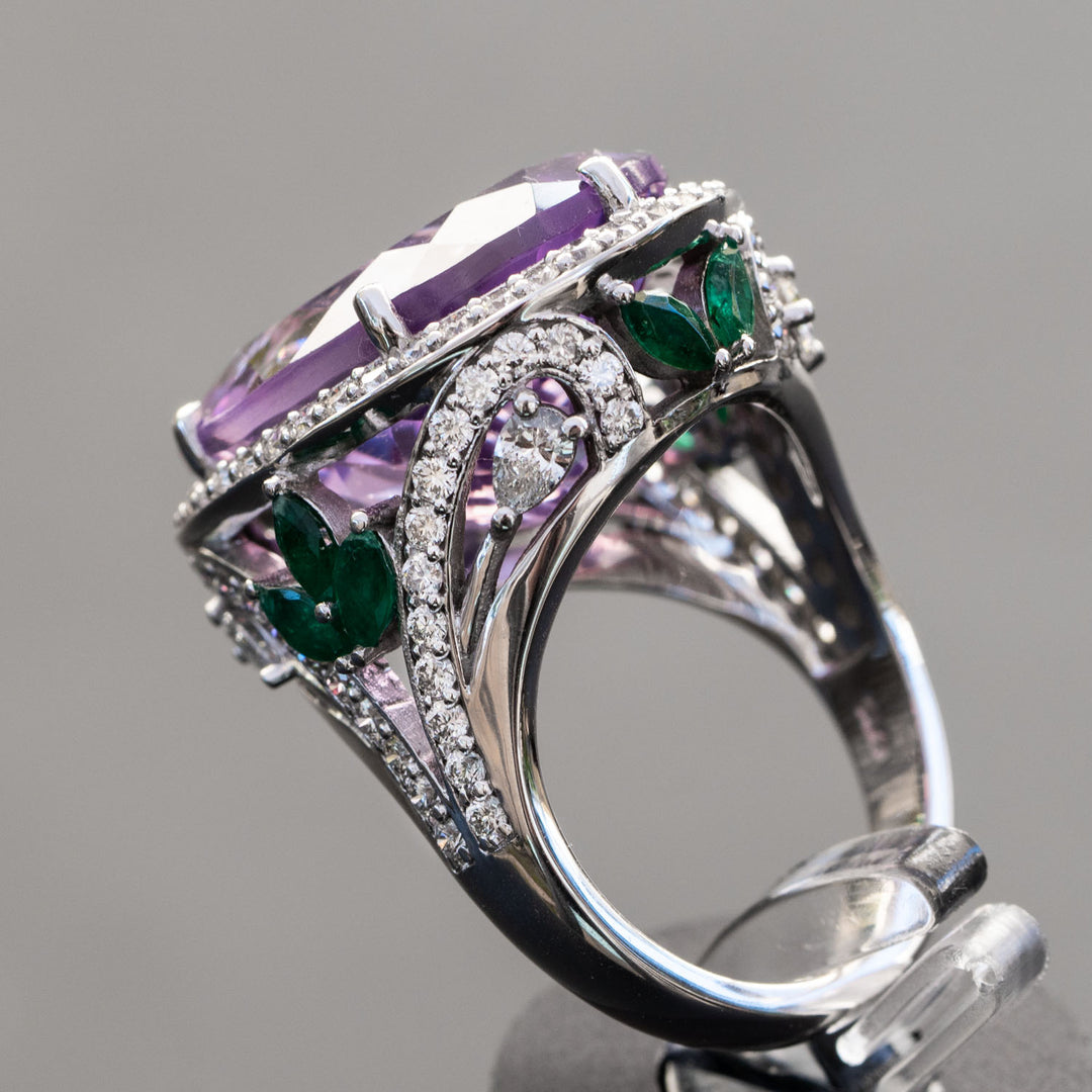 Emani - 20.00 carat natural violet amethyst ring with 1.55 carat natural diamonds and 0.75 carat natural green emerald