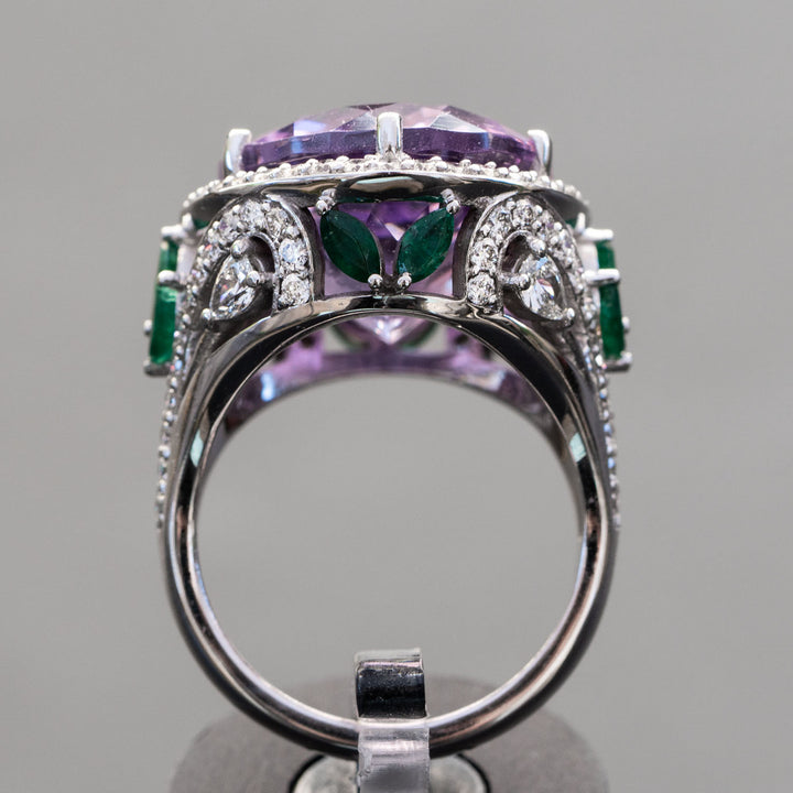 Emani - 20.00 carat natural violet amethyst ring with 1.55 carat natural diamonds and 0.75 carat natural green emerald