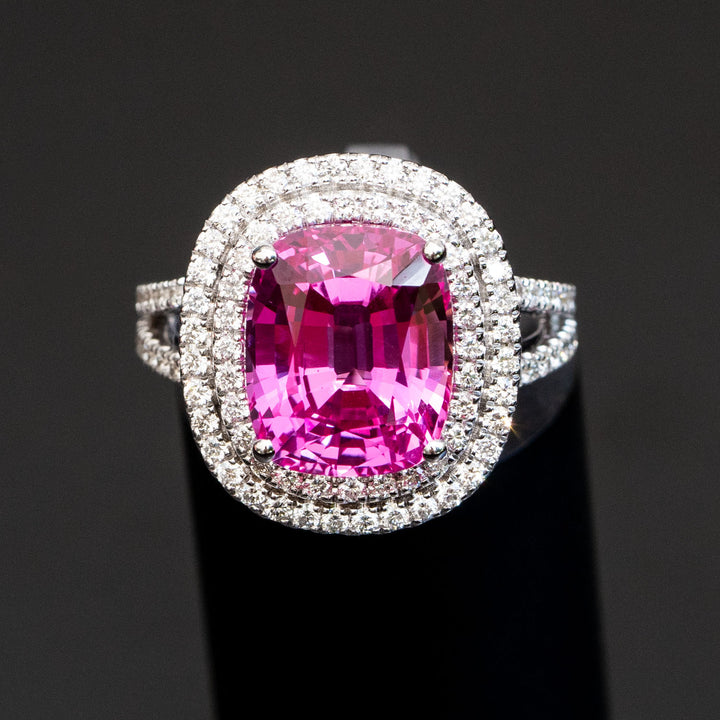 Clementine - 6.50 carat cushion pink sapphire ring with 1.08 carat natural diamonds