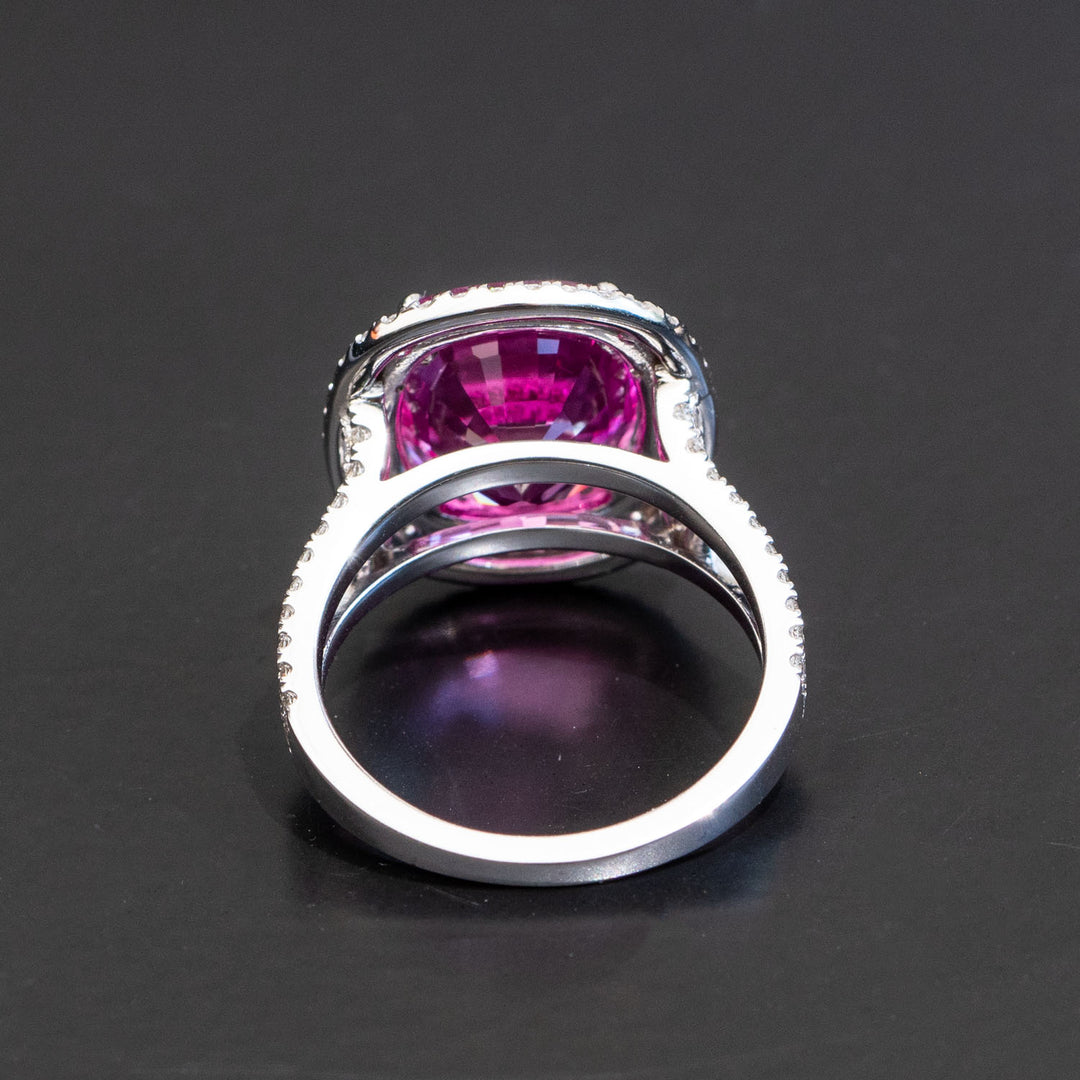 Clementine - 6.50 carat cushion pink sapphire ring with 1.08 carat natural diamonds