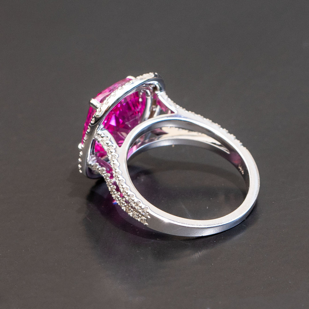 Clementine - 6.50 carat cushion pink sapphire ring with 1.08 carat natural diamonds