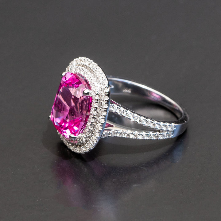 Clementine - 6.50 carat cushion pink sapphire ring with 1.08 carat natural diamonds