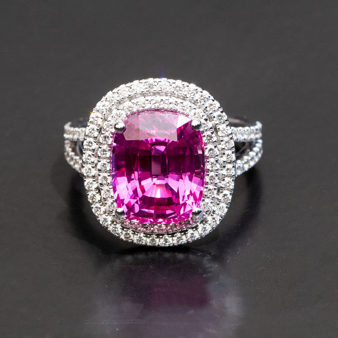 Clementine - 6.50 carat cushion pink sapphire ring with 1.08 carat natural diamonds