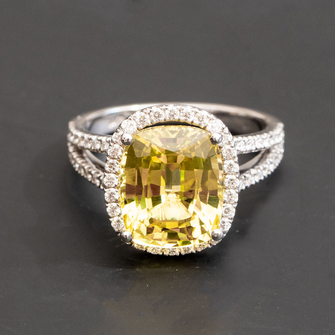 Marie - 6.50 ct cushion yellow sapphire ring with 0.65 carat natural diamonds