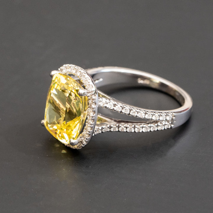 Marie - 6.50 ct cushion yellow sapphire ring with 0.65 carat natural diamonds