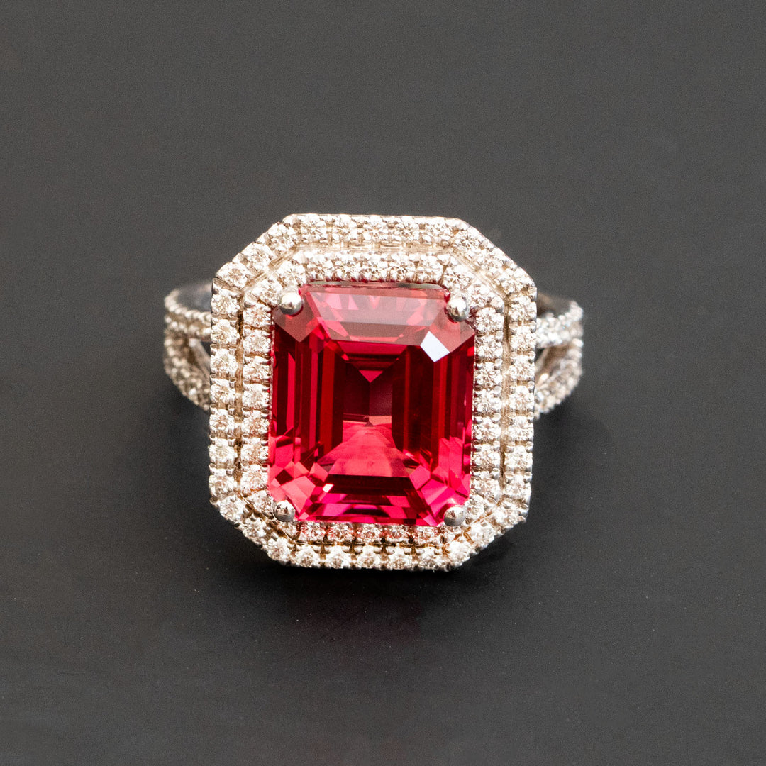 Mathilde - 8.00 carat emerald red sapphire ring with 1.29 carat natural diamonds