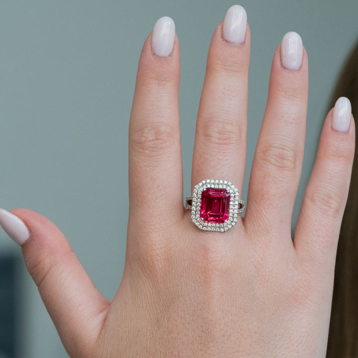 Mathilde - 8.00 carat emerald red sapphire ring with 1.29 carat natural diamonds