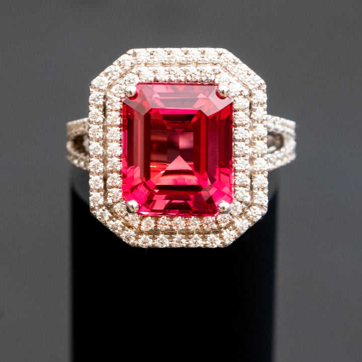 Mathilde - 8.00 carat emerald red sapphire ring with 1.29 carat natural diamonds