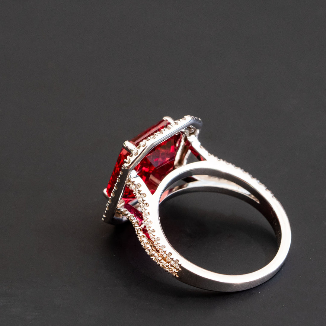 Mathilde - 8.00 carat emerald red sapphire ring with 1.29 carat natural diamonds