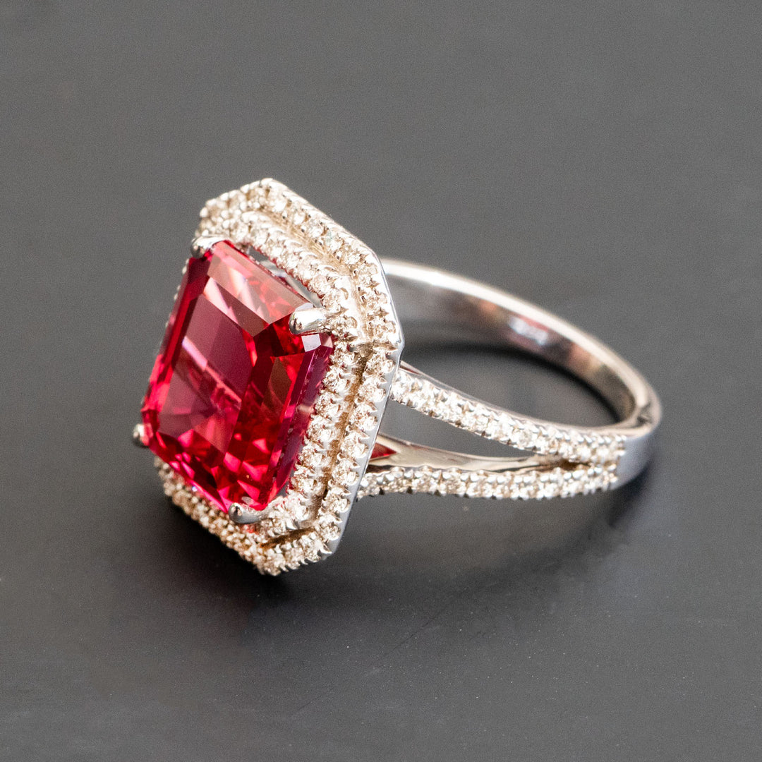 Mathilde - 8.00 carat emerald red sapphire ring with 1.29 carat natural diamonds