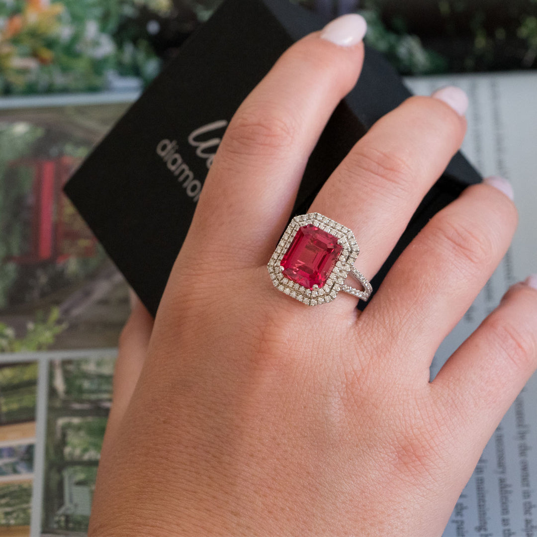 Mathilde - 8.00 carat emerald red sapphire ring with 1.29 carat natural diamonds