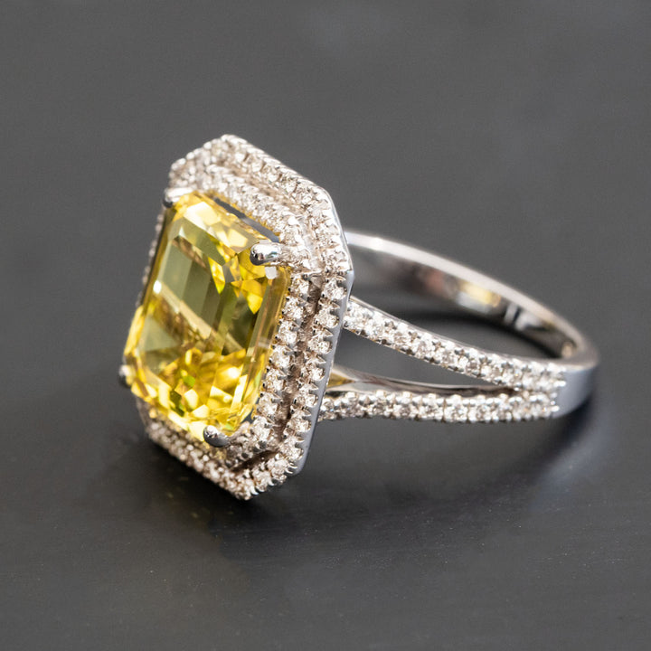 Abrielle - 8.00 carat emerald yellow sapphire ring with 1.29 carat natural diamonds