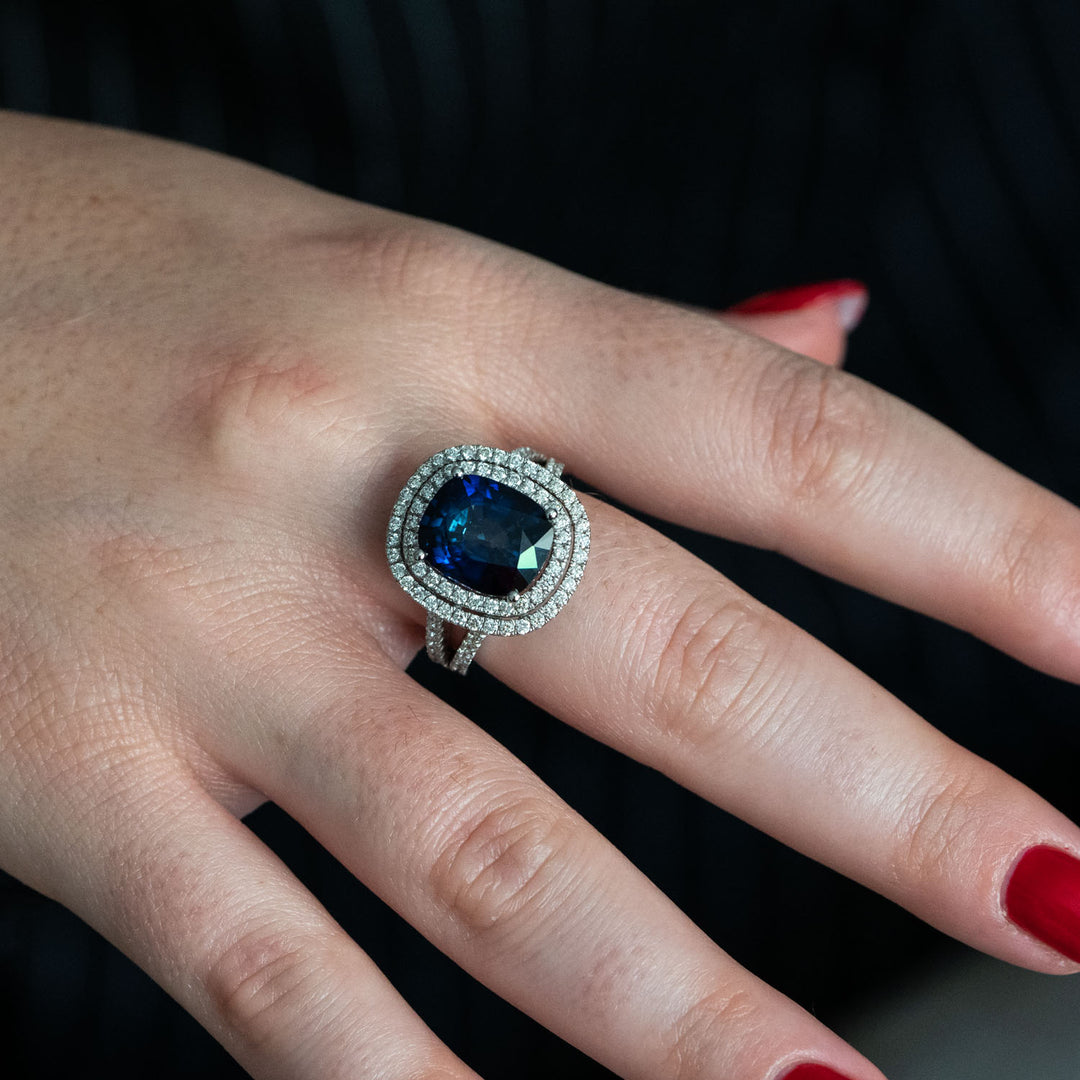 Edith - 8.00 carat cushion sapphire ring with 1.00 carat natural diamonds