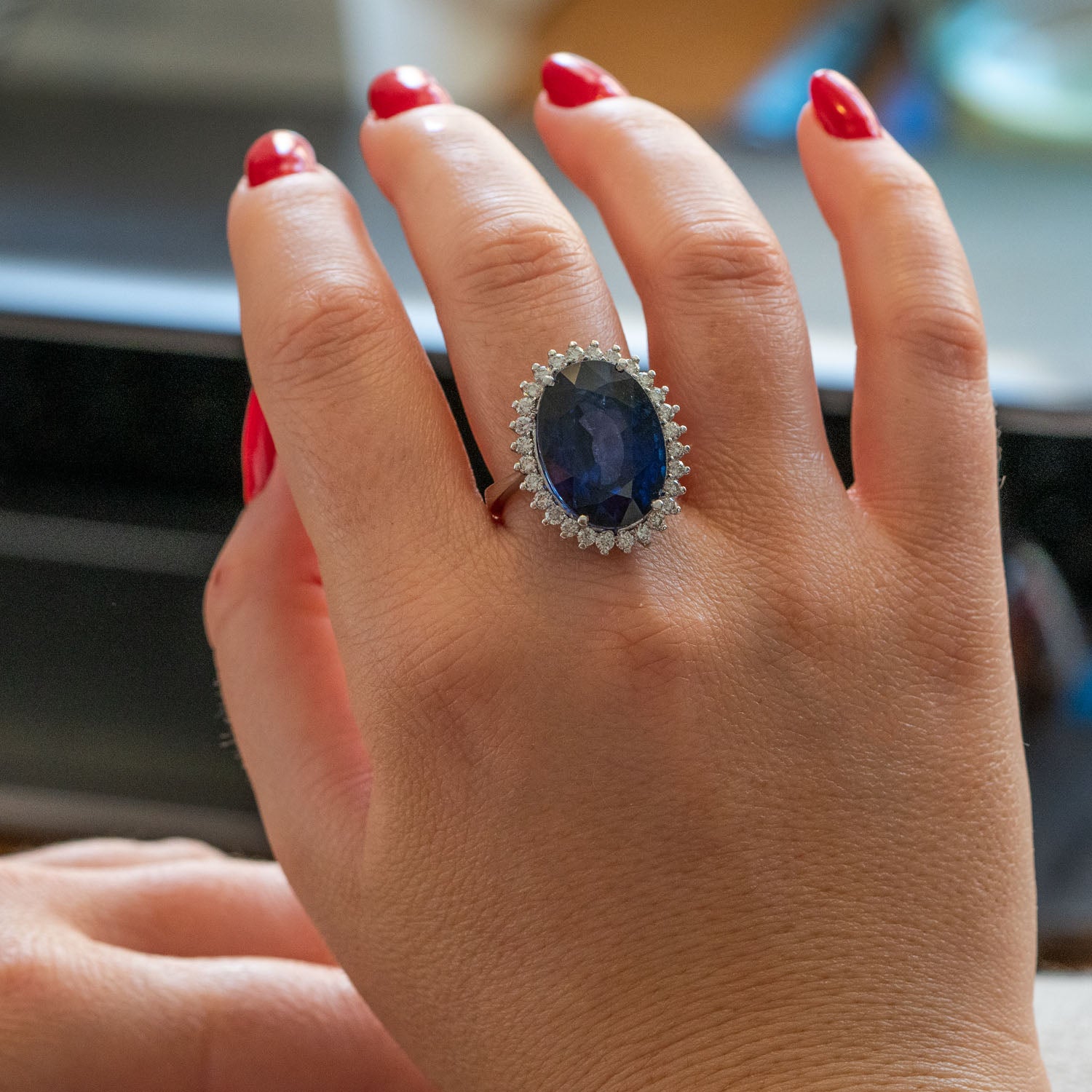 Large blue oval sapphire statement ring for women anniversary or birthday Cocktail ring Lilo Diamonds