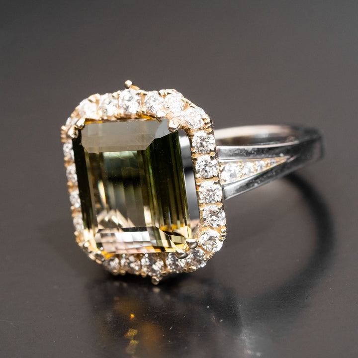 Giselle - 10.00 carat natural bi color tourmaline ring with 1.01 carat natural diamonds