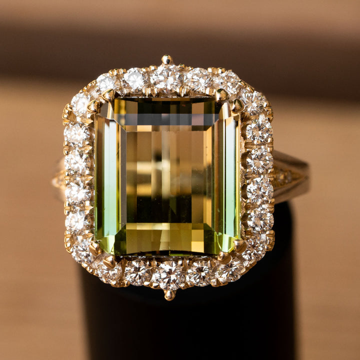 Giselle - 10.00 carat natural bi color tourmaline ring with 1.01 carat natural diamonds