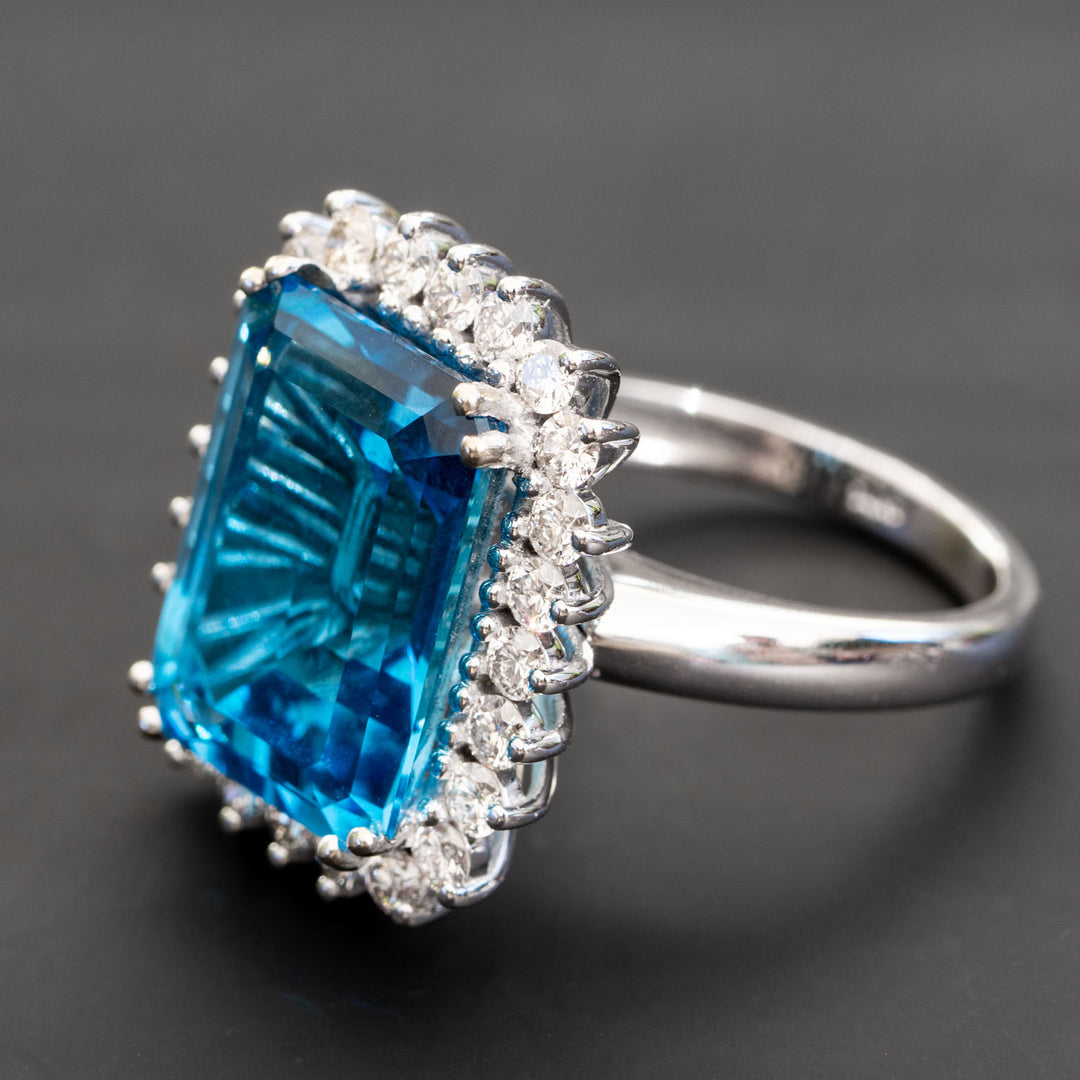 Andrea - 13.00 carat natural swiss blue topaz ring with 1.20 carat diamonds