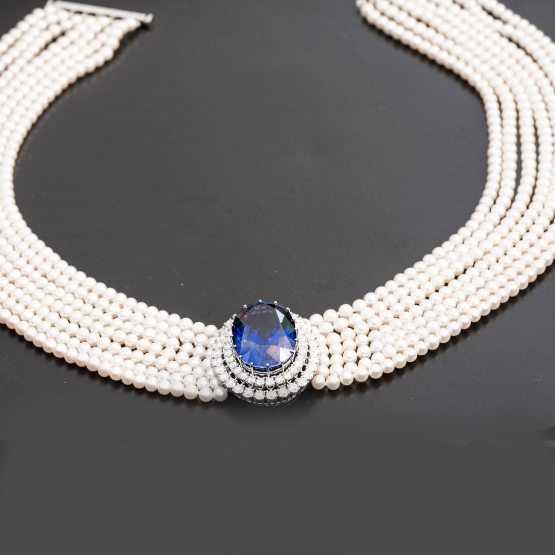 Princess Diana sapphire pearl choker necklace - 65.00 carat sapphire, 7.71 carat natural diamonds, 20.2 carat pearl