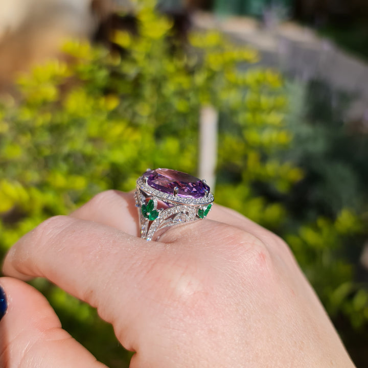 Emani - 20.00 carat natural violet amethyst ring with 1.55 carat natural diamonds and 0.75 carat natural green emerald