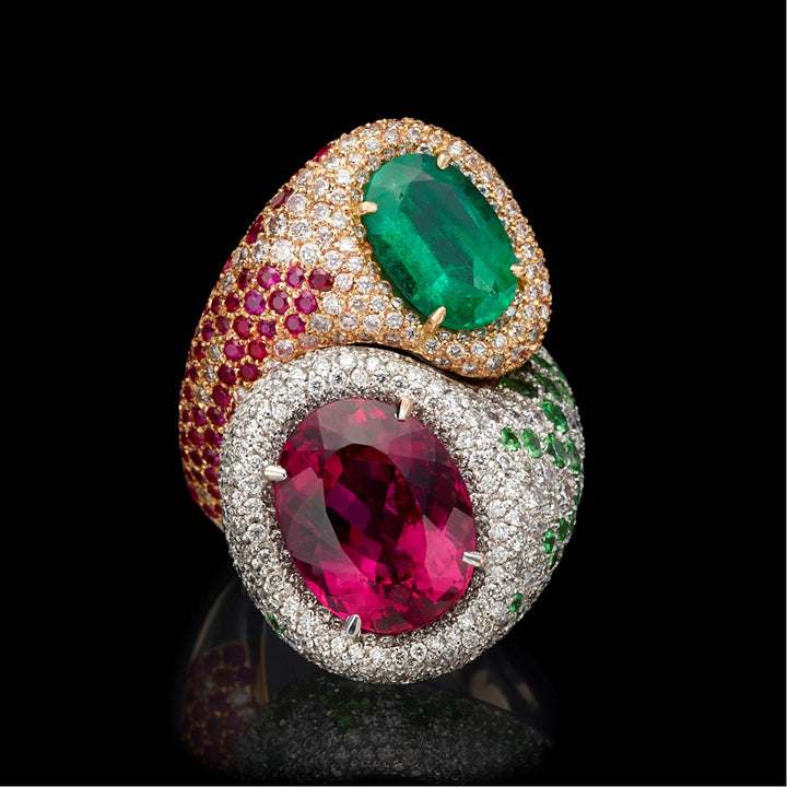 Carina - 9.67 carat natural rubellite & 3.5 carat emerald ring with 6.45 carat natural diamonds, ruby & Tsavorite