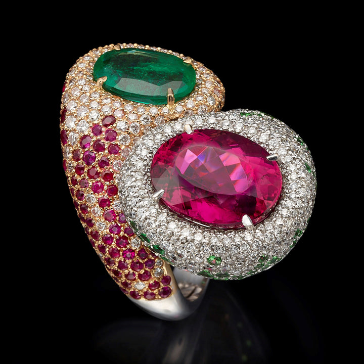 Carina - 9.67 carat natural rubellite & 3.5 carat emerald ring with 6.45 carat natural diamonds, ruby & Tsavorite