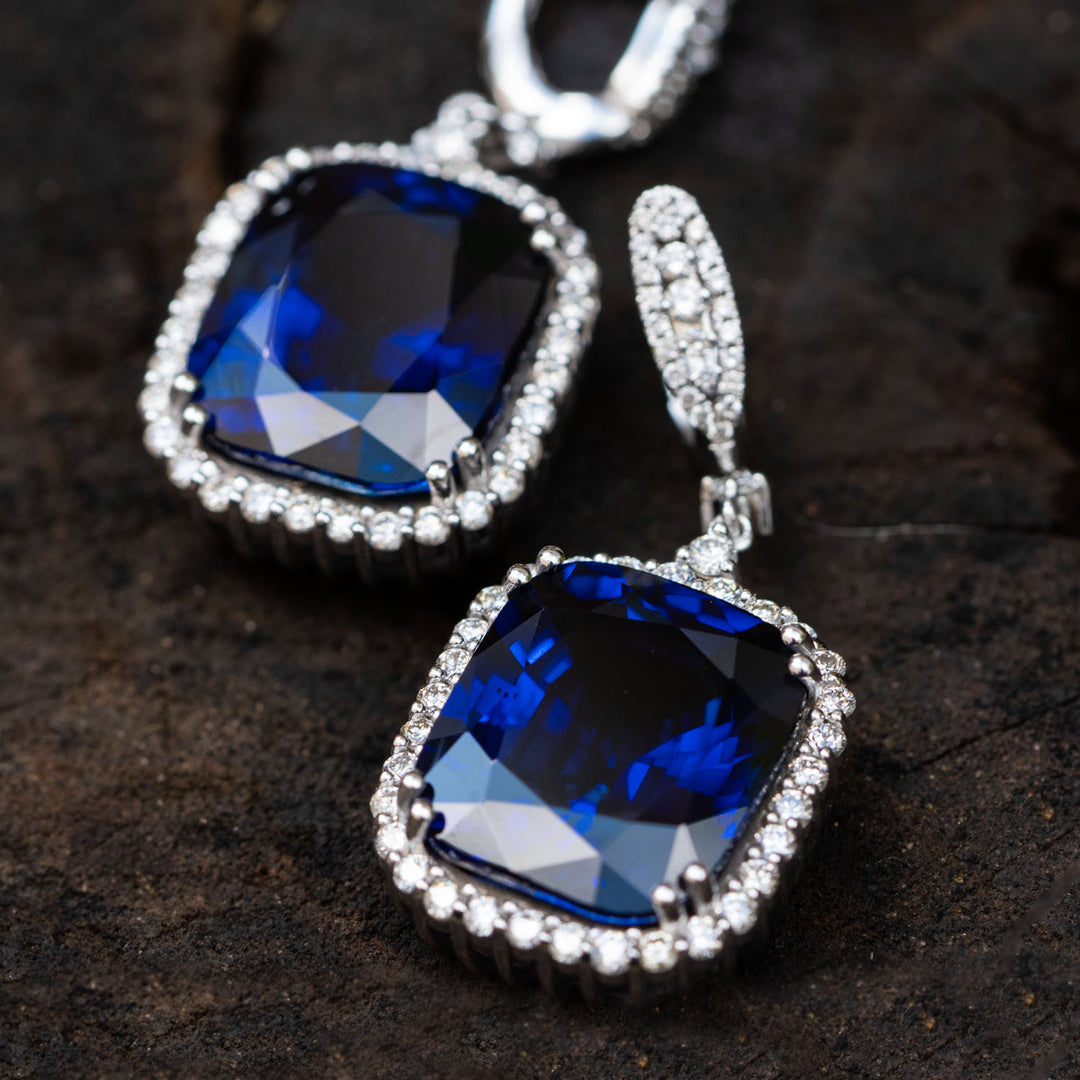 Micola - 37.25 carat cushion sapphire earrings with 1.75 carat natural diamonds